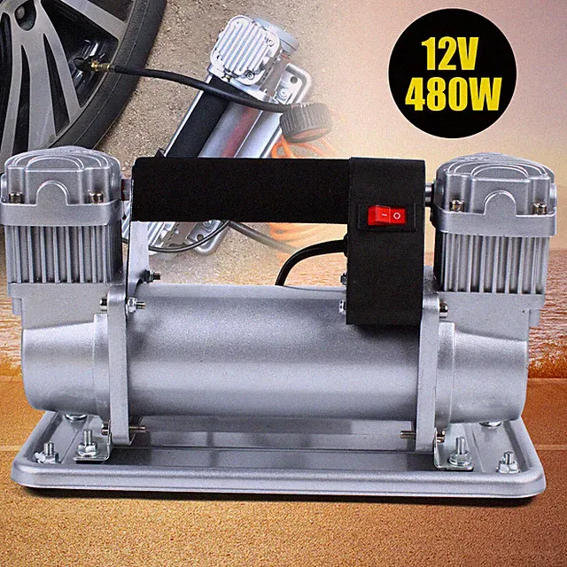 12V 480W Heavy Duty Metal Dual Cylinder Pump Air Compressor Tire Inflator USA