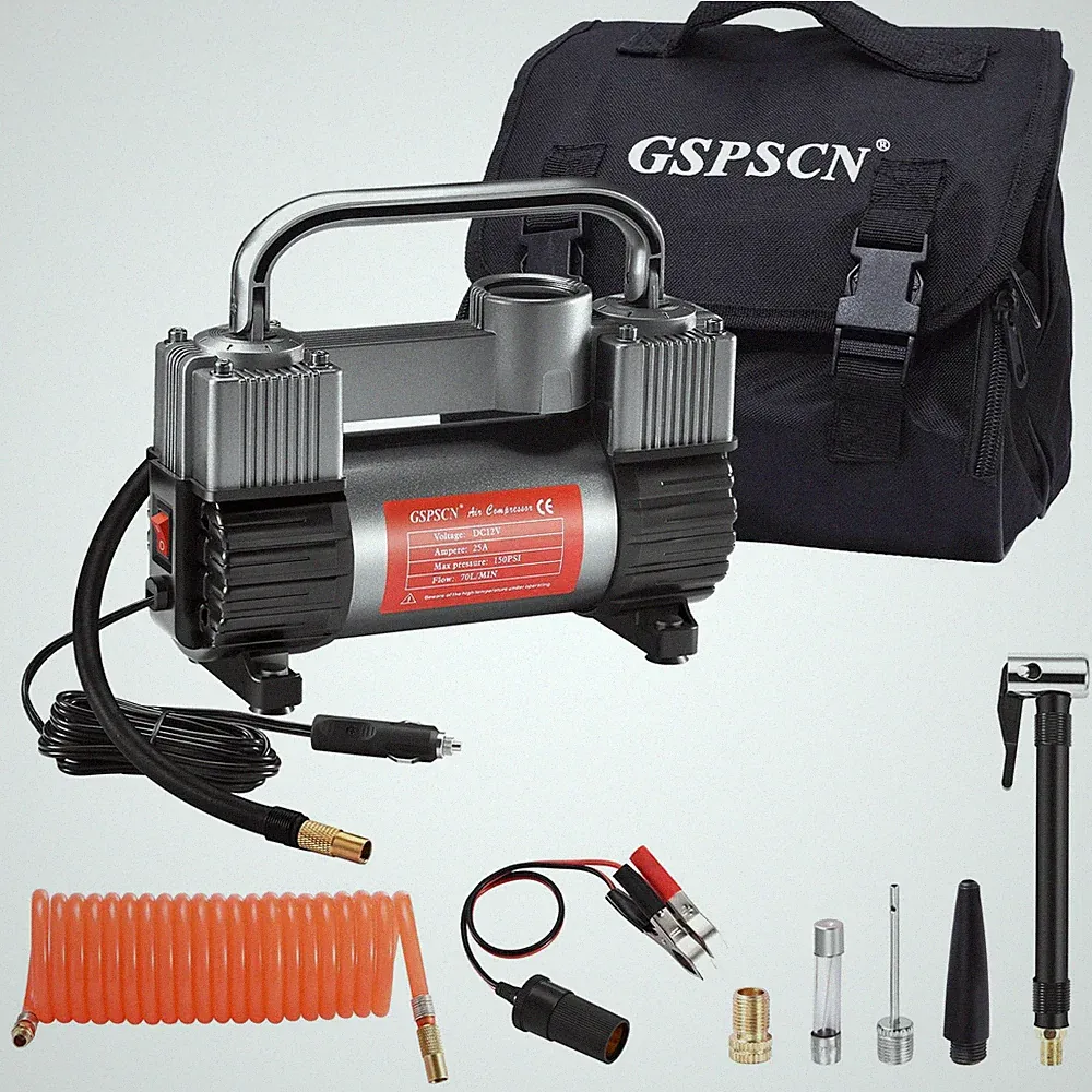 Double Cylinders Tire Inflator Heavy Duty 12V Air Compressor Pump 150PSI GSPSCN