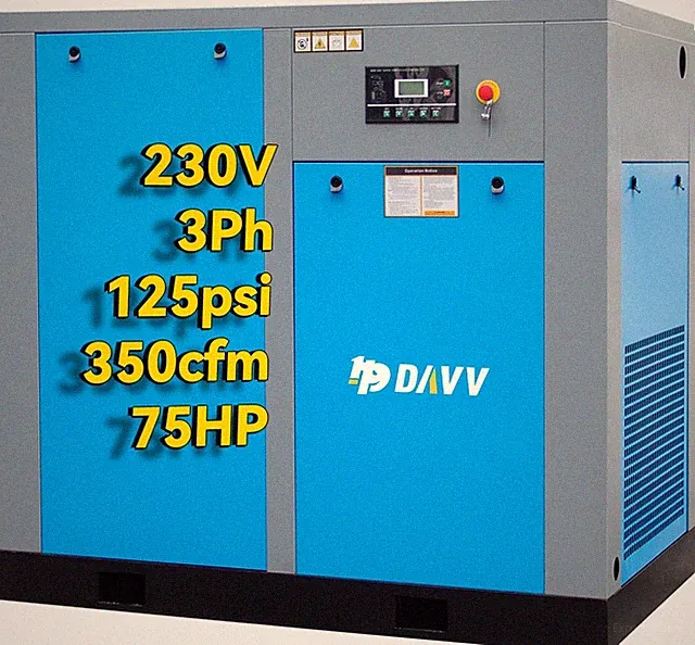 Heavy Duty 55 KW 75 HP 230V 3PH Rotary Screw Air Compressor 350 CFM Max.125Psi