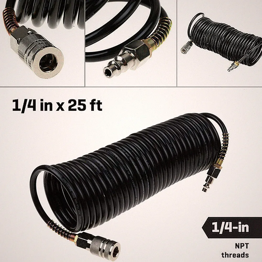 Heavy Duty Coiled Air Hose NPT 1/4" Polyurethane Air Compressor Coil Hose 25Feet