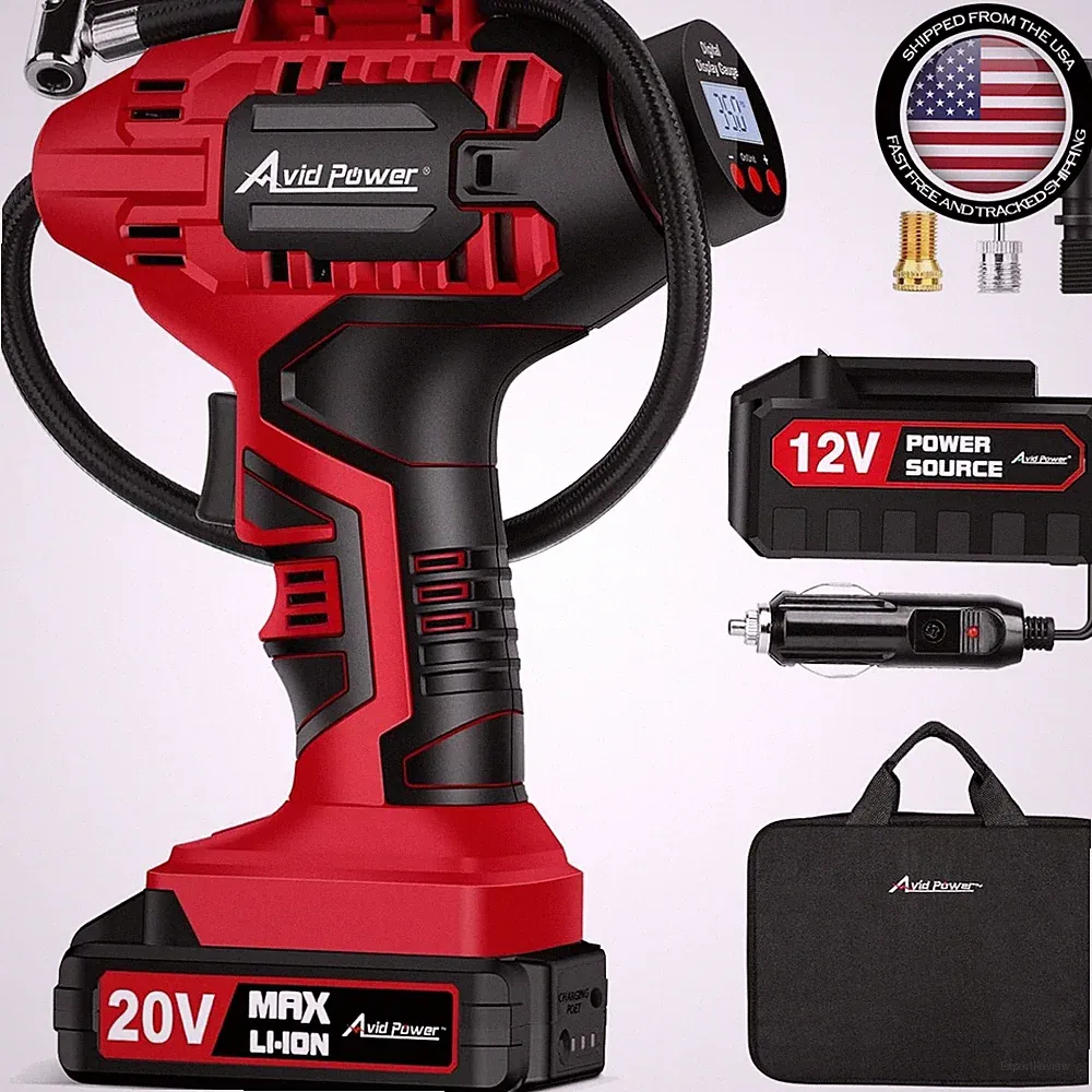 Heavy-Duty Portable Air Compressor - 20V Cordless with LED Light & Gauge