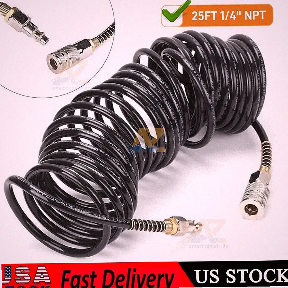 Heavy Duty Recoil Air Hose 25ft 1/4" Flexible Compressor Quick Coupler 200PSI~