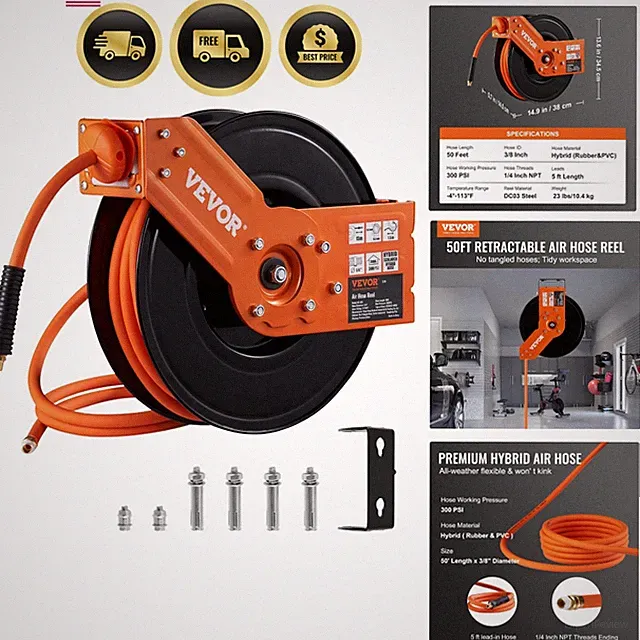 Retractable Air Hose Reel 50 FT 3/8 IN Hybrid Flexible Heavy Duty Wall Mount